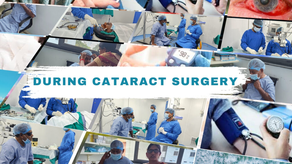 "Various stages of cataract surgery, including patient preparation, surgery, and post-operative care, with doctors and nurses assisting, and the text 'During Cataract Surgery' displayed.