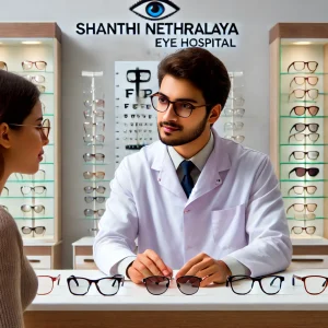 DALL·E 2024-07-11 10.56.29 - A natural scene of an optical setup at Shanthi Nethralaya Eye Hospital. The image features a young optometrist wearing a white coat in the middle of a