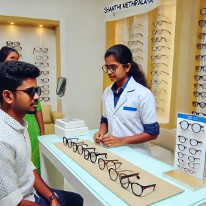 DALL·E 2024-07-11 11.01.51 - A highly natural and professional scene of an optical setup at Shanthi Nethralaya Eye Hospital. The image features a young optometrist wearing a white