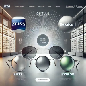 DALL·E 2024-07-11 12.39.34 - A sleek and modern website banner for an optical store featuring two prominent lens companies_ Zeiss and Essilor. The design showcases the logos of bo